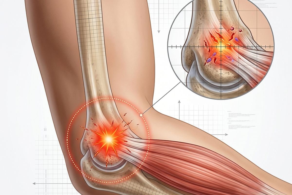 천안 팔꿈치통증·테니스엘보·골프엘보 — 팔꿈치 힘줄 부착부 일러스트
